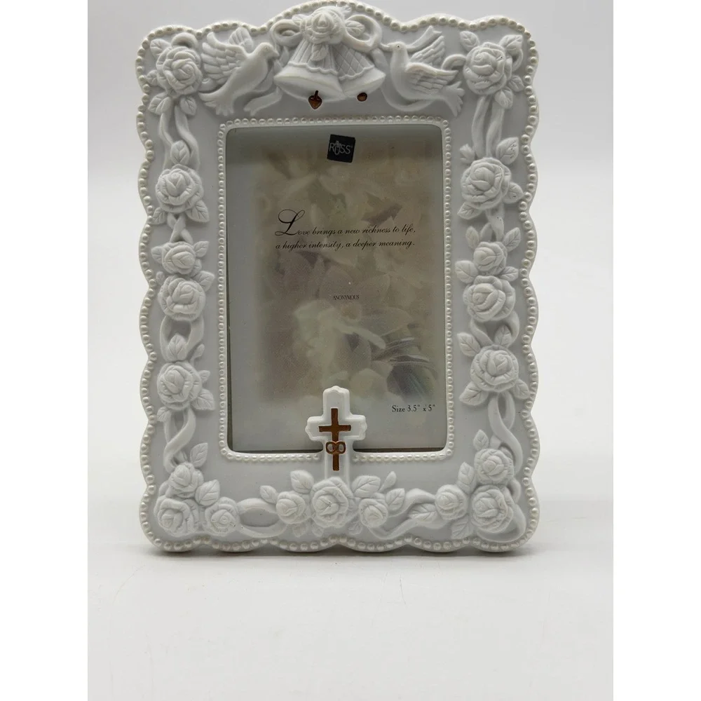 Vintage Russ Berrie White Porcelain Wedding Frame Roses Doves Cross 3.5x5 14389